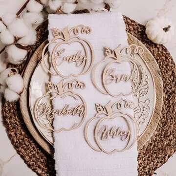 Customized Pumpkin Name Tags for Thanksgiving, Personalized Hollowed Out Wooden Place Cards for Fall, Halloween Table Decor, Cursive Laser Cut Seating Cards