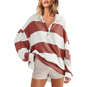 Panadila Womens Long Sleeve Striped Shirt Oversized Polo Shirts Casual V Neck T Shirt Loose Fit Tuni...