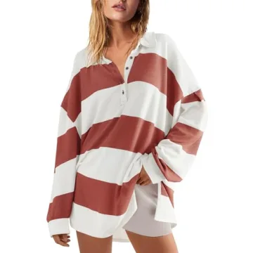 Panadila Womens Long Sleeve Striped Shirt Oversized Polo Shirts Casual V Neck T Shirt Loose Fit Tunic Tops (Red Combo,XL)