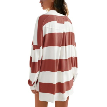Panadila Womens Long Sleeve Striped Shirt Oversized Polo Shirts Casual V Neck T Shirt Loose Fit Tunic Tops (Red Combo,XL)