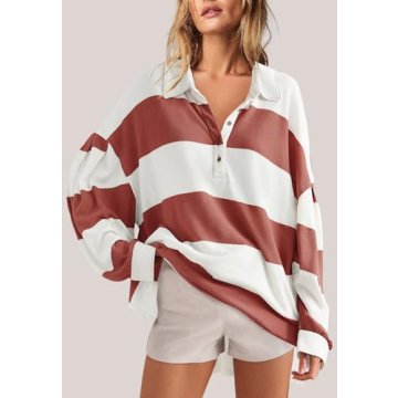 Panadila Womens Long Sleeve Striped Shirt Oversized Polo Shirts Casual V Neck T Shirt Loose Fit Tunic Tops (Red Combo,XL)
