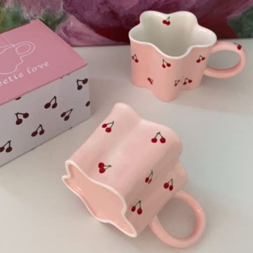 Heardbeli Pink Flower Cherry Mug Ceramic Coffee Cup 12oz