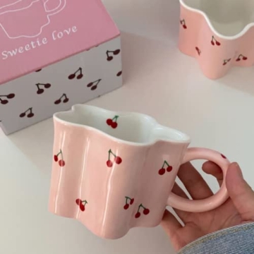 Heardbeli Pink Flower Cherry Mug Ceramic Coffee Cup 12oz