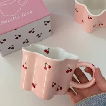 Heardbeli Pink Flower Cherry Mug Ceramic Coffee Cup 12oz