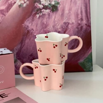 Heardbeli Pink Flower Cherry Mug Ceramic Coffee Cup 12oz