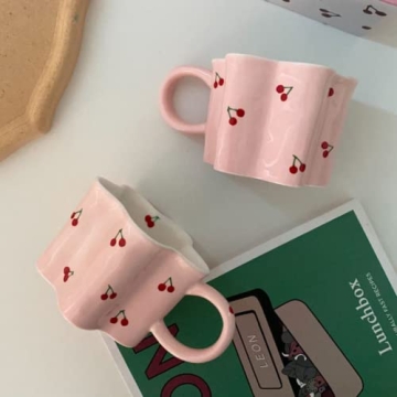 Heardbeli Pink Flower Cherry Mug Ceramic Coffee Cup 12oz