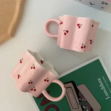 Heardbeli Pink Flower Cherry Mug Ceramic Coffee Cup 12oz