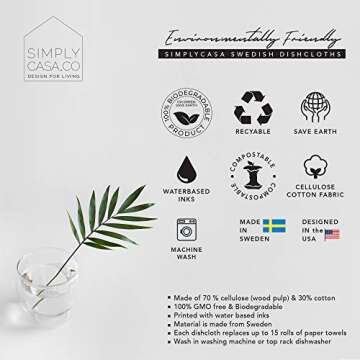 SIMPLYCASA 10 Pack Reusable Swedish Dishcloth, for Kitchen and Household Use Super Absorbency, Made in Sweden, Cellulose Sponge Dish Cloths, Paper Towel Replacement, Plastic-Free Packaging