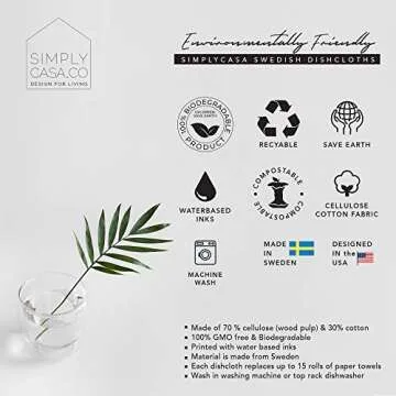 SIMPLYCASA 10 Pack Reusable Swedish Dishcloth, for Kitchen and Household Use Super Absorbency, Made in Sweden, Cellulose Sponge Dish Cloths, Paper Towel Replacement, Plastic-Free Packaging