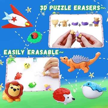 Greentime 32pcs Animal Erasers, Puzzle Toys Erasers Assembly Animals Erasers 3D Mini Erasers Classro...