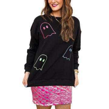 KOSUSANILL Sequin Halloween Sweatshirt for Women Sparkly Dancing Skeleton Spooky Season Ghost Crewne...