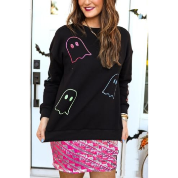 KOSUSANILL Sequin Halloween Sweatshirt for Women Sparkly Dancing Skeleton Spooky Season Ghost Crewnecks Halloween Sequin Pullover Shirt Pumpkin Sweater Top