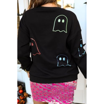 KOSUSANILL Sequin Halloween Sweatshirt for Women Sparkly Dancing Skeleton Spooky Season Ghost Crewnecks Halloween Sequin Pullover Shirt Pumpkin Sweater Top
