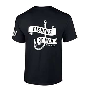 Trenz Shirt Company Men's Christian Shirt Fishers of Men Matthew 4:19 Scripture American Flag Sleeve Graphic Tee - Black - Medium