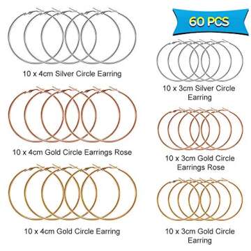 60pcs Earring Hoops in Gold, Rose Gold & Silver for DIY Jewelry Crafting