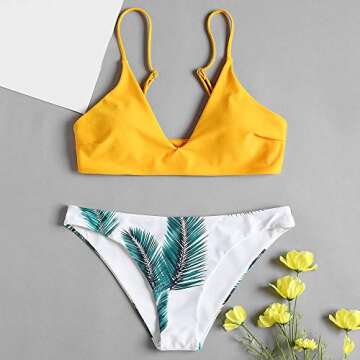 ZAFUL Women's Leaf Print Padded Bikini Set in Yellow
