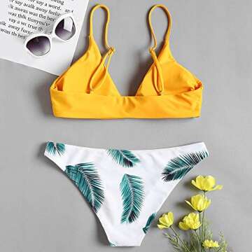 ZAFUL Women's Leaf Print Padded Bikini Set in Yellow