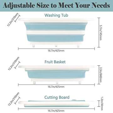 Collapsible Cutting Board, Foldable Chopping Board with Colander, Multifunctional Kitchen Vegetable Washing Basket Silicone Dish Tub for BBQ Prep/Picnic/Camping(Light Blue)