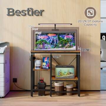 Bestier 20-29-37 Gallon Fish Tank Stand with Power Outlet, 30x13 Metal Aquarium Stand, 6-Leg Reptile Tank Stand with 3-Tier Adjustable Storage Shelves, 400LBS Capacity