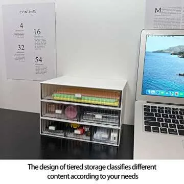 JIAFUJIN Desk Drawer Organizer, Stackable Office Supplies Desk Organizer, Plastic Plastic Storage Drawer, Desk Grocery Organizer For Stationery/Office Supplies (White, 3 Compartments)