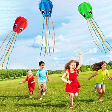 Listenman 3 Pack Large New Upgraded Smiley Octopus Kites, Long Tail Beautiful Kite for Kids Adults E...