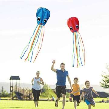 Listenman 3 Pack Large New Upgraded Smiley Octopus Kites, Long Tail Beautiful Kite for Kids Adults Easy Fly to for Beach Great Outdoor Games and Activities with Family, Red Blue Green 3 Colors