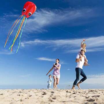 Listenman 3 Pack Large New Upgraded Smiley Octopus Kites, Long Tail Beautiful Kite for Kids Adults Easy Fly to for Beach Great Outdoor Games and Activities with Family, Red Blue Green 3 Colors