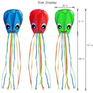 Listenman 3 Pack Large New Upgraded Smiley Octopus Kites, Long Tail Beautiful Kite for Kids Adults Easy Fly to for Beach Great Outdoor Games and Activities with Family, Red Blue Green 3 Colors