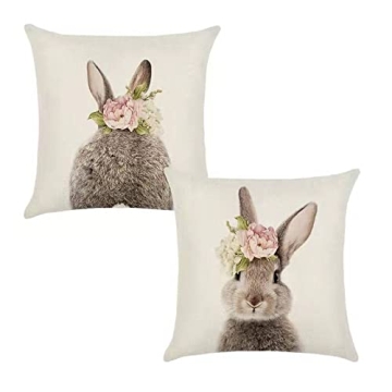 KAKABUQU Easter Bunny Throw Pillow Covers - Set of 2 Cute Rabbit Designs 18 x 18