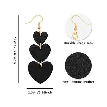 Jagucho Leather Earrings Dangle for Women, Lightweight Heart Earrings Drop (Black 42)