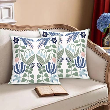 Pilmandu Pack of 2 Embroidered Decorative Throw Pillow Cover 18x18 Inch Farmhouse Floral Pillowcase for Living Room Sofa Bed (Bird Flower)