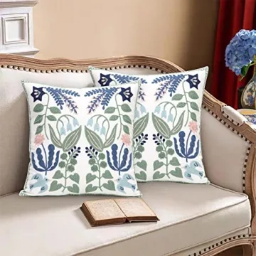 Pilmandu Pack of 2 Embroidered Decorative Throw Pillow Cover 18x18 Inch Farmhouse Floral Pillowcase for Living Room Sofa Bed (Bird Flower)
