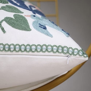 Pilmandu Pack of 2 Embroidered Decorative Throw Pillow Cover 18x18 Inch Farmhouse Floral Pillowcase for Living Room Sofa Bed (Bird Flower)