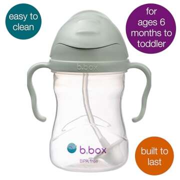 b.box Sippy Cup with Weighted Straw, Leak & Spill Proof, Easy Grip, BPA Free, Dishwasher Safe, Sip from Any Angle. Ideal for Babies 6m+ to Toddlers. (Sage, 8oz)