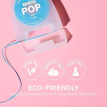 REACH POP Dental Floss, Mint, Plaque Remover for Teeth, Shred Resistant, Vegan Wax, Cruelty Free, Eco Friendly Packaging, Oral Care, PFAS Free, for Adults & Kids, 1 Pack, 54.6 yd