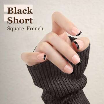 Teenitor Press on Nails Short, Almond Press on Nails French Tip Black, Glue on Nails Short Press Ons, Press on Nail Kit Coffin Press on Nails, Short French Tip Press on Nails Medium Press on Nails