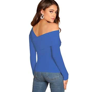 Romwe Women's Casual Cross Off Shoulder Deep V Neck Ribbed Knit Slim Wrap Tee Shirt Blouse Royal Blue S
