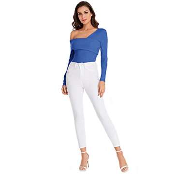 Romwe Women's Casual Cross Off Shoulder Deep V Neck Ribbed Knit Slim Wrap Tee Shirt Blouse Royal Blue S