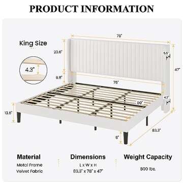 SHA CERLIN King Size Velvet Bed Frame with Vertical Channel Tufted Wingback Headboard, Upholstered P...