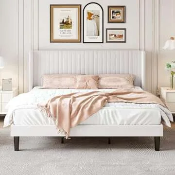 SHA CERLIN King Size Velvet Bed Frame with Vertical Channel Tufted Wingback Headboard, Upholstered Platform Bed with Wood Slats, No Box Spring Needed, Easy Assembly, White