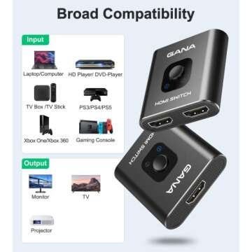 HDMI Switch 4k@60hz Splitter, GANA Aluminum Bidirectional HDMI Switcher 2 in 1 Out, Manual HDMI Hub Supports HD Compatible with Xbox PS5/4/3 Blu-Ray Player Fire Stick Roku