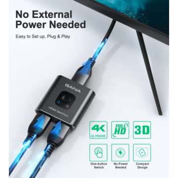 HDMI Switch 4k@60hz Splitter, GANA Aluminum Bidirectional HDMI Switcher 2 in 1 Out, Manual HDMI Hub Supports HD Compatible with Xbox PS5/4/3 Blu-Ray Player Fire Stick Roku