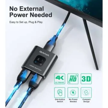 HDMI Switch 4k@60hz Splitter, GANA Aluminum Bidirectional HDMI Switcher 2 in 1 Out, Manual HDMI Hub Supports HD Compatible with Xbox PS5/4/3 Blu-Ray Player Fire Stick Roku