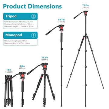 NEEWER 2-in-1 Aluminium Alloy Camera Tripod Monopod 181 cm with 1/4" and 3/8" Screw Pan Head and Carry Bag, Compatible with Nikon Canon DSLR Video Camcorders Charge up to 26.5 LB