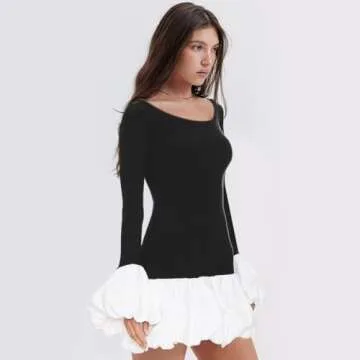 Women's 2024 Fall Dress Sexy Crew Neck Puffy Long Sleeve Bubble Party Club Bodycon Mini Dresses White XS