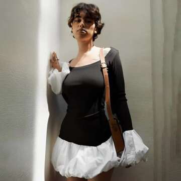 Women's 2024 Fall Dress Sexy Crew Neck Puffy Long Sleeve Bubble Party Club Bodycon Mini Dresses White XS