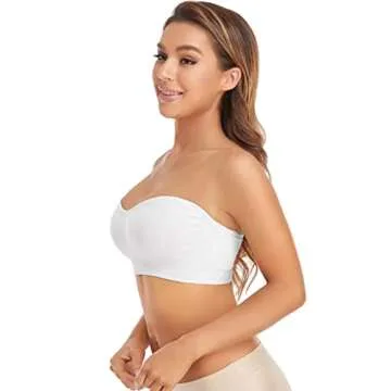 Lusait Strapless Bra for Women Non-Slip Silicone Padded Bandeau Bra Wireless Tube Top Bralette White S