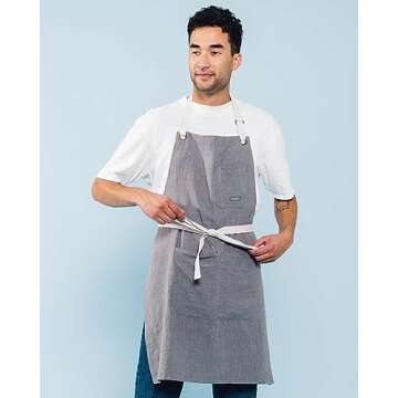 Caldo Linen Kitchen Apron for Cooking - Mens and Womens Linen Bib Apron for Professional Chef, Server, or Barista - Adjustable with Pockets (Grey)