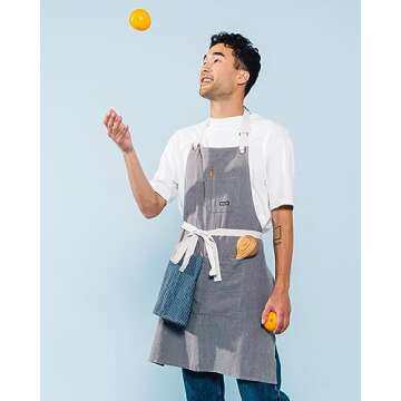 Caldo Linen Kitchen Apron for Cooking - Mens and Womens Linen Bib Apron for Professional Chef, Server, or Barista - Adjustable with Pockets (Grey)