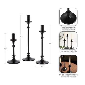 Kate and Laurel Lahari Vintage Three-Piece Taper Candle Holder Set, Set of 3, Black, Cast Aluminum Metal Candlestick Holders for Dining Table or Fireplace Mantel Display